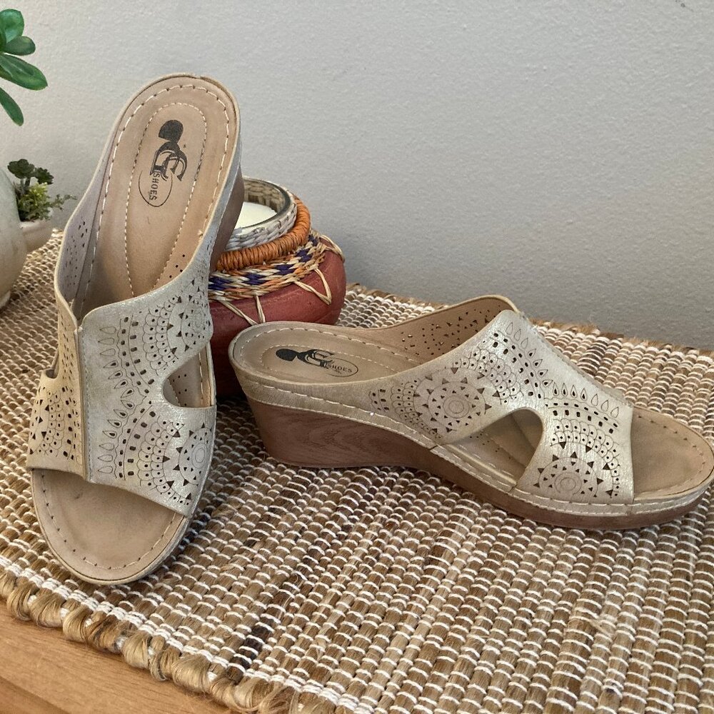 Good Choice Zaria  Gold Brushed Metallic Slip On Wedge Sandal 39. 8.5 US